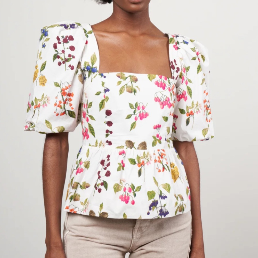 Cara Cara Peplum Puff Sleeve Blouse in White and Pink